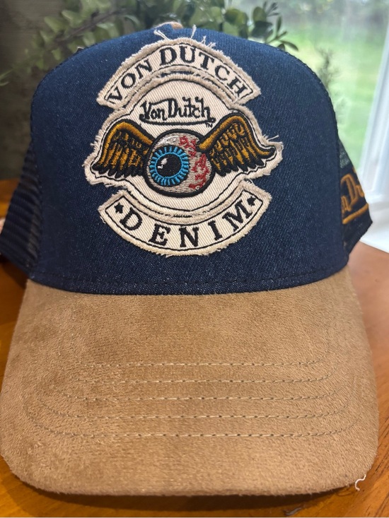 Von Dutch Other - Von Dutch Denim Trucker Hat Faux Suede Bill Distressed Winged Eyeball Patch Y2K